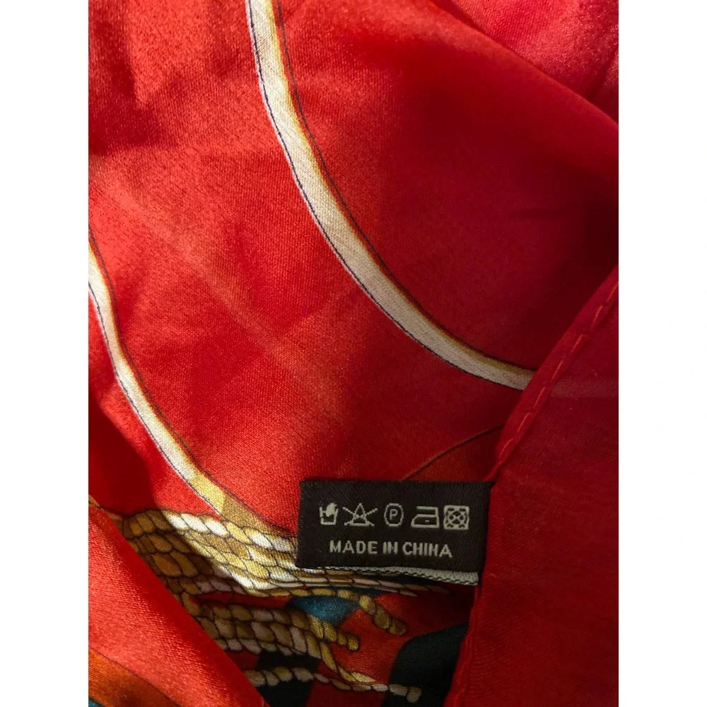 Red 100% Silk Scarf Equestrian Tassel Rope Print Nautical Square Scarf 0273